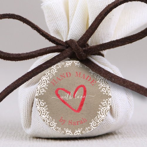 Hand Drawn Lace On Kraft Paper Made With Love Classic Round Sticker