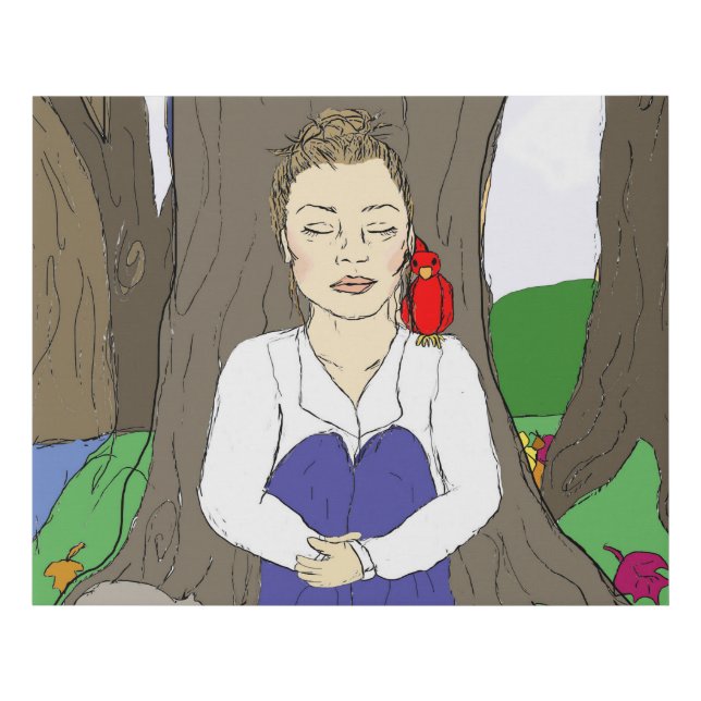 Hand drawn Lady Meditating in the Forest Faux Canvas Print (Front)