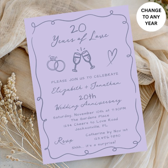Hand Drawn Lavender Any Year Wedding Anniversary Invitation (Creator Uploaded)