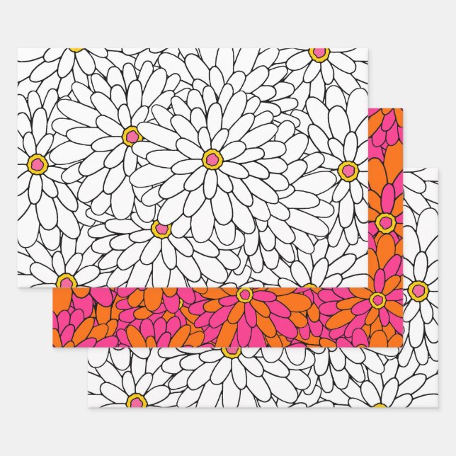 Hand Drawn Layered Zinnia Abstract Patterns Wrapping Paper Sheets (Set)