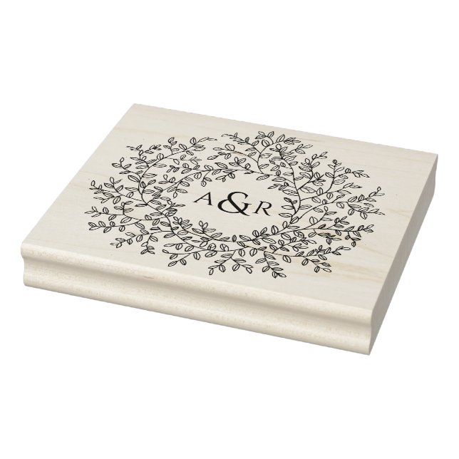 Hand drawn leaf monogram couple initials wedding rubber stamp (Stamp)