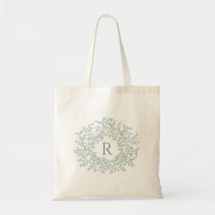 Hand drawn leaf monogram initial sage gray green tote bag