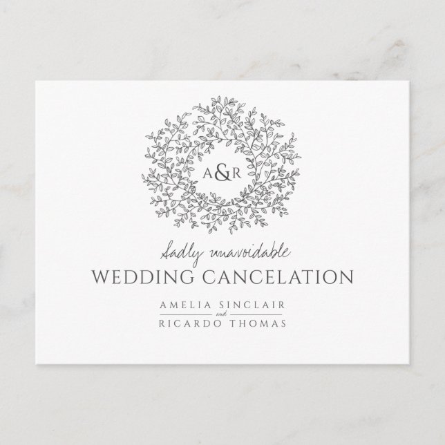 hand drawn leaf wedding cancelation dark gray announcement postcard (Front)