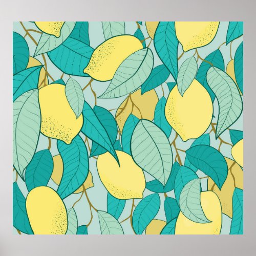 Hand_drawn lemon garden seamless pattern poster