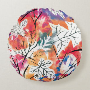 Hand Drawn Lemons, Blue Leaves Pattern. Round Pillow