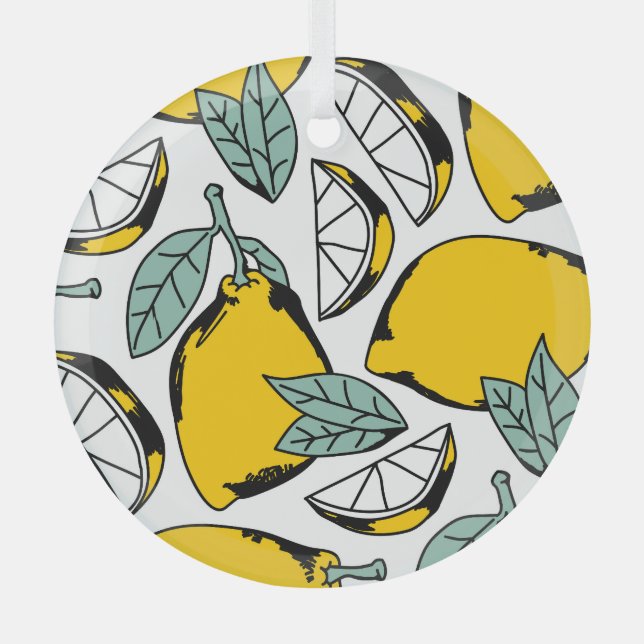 Hand drawn lemons, vibrant pattern. glass ornament (Front)