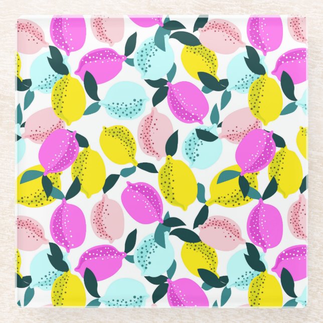Hand Drawn Lemons Vintage Pattern Glass Coaster (Front)