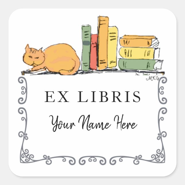 Hand-Drawn Library Cat on Bookshelf Cute Bookplate (Front)