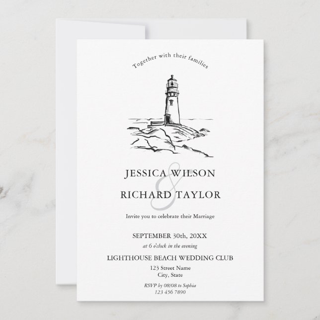 Hand Drawn Lighthouse Beach Venue Illustration Invitation (Front)
