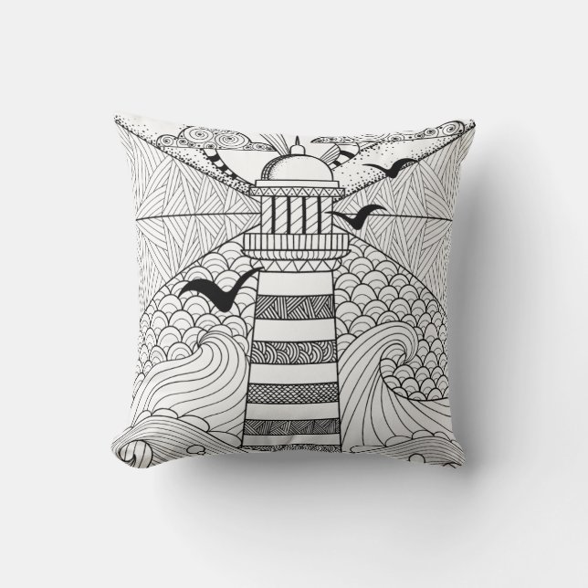 Hand Drawn Lighthouse Doodle Throw Pillow (Front)