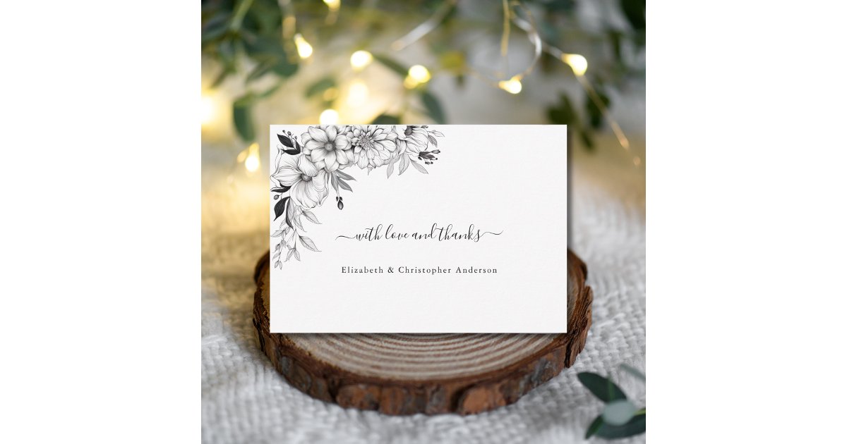 Hand Drawn Line Art Flowers Black White Wedding Thank You Card | Zazzle