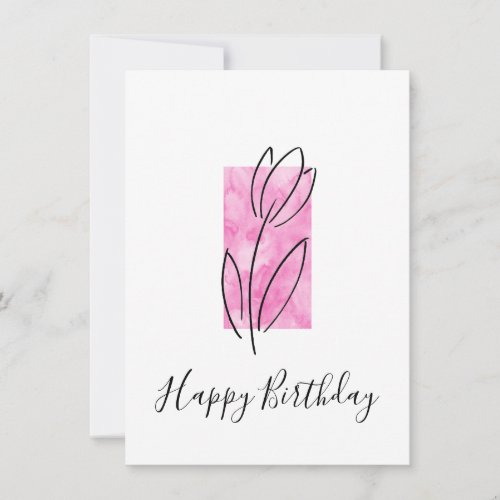 Hand Drawn Linear Tulip Pink Watercolor Abstract  Card