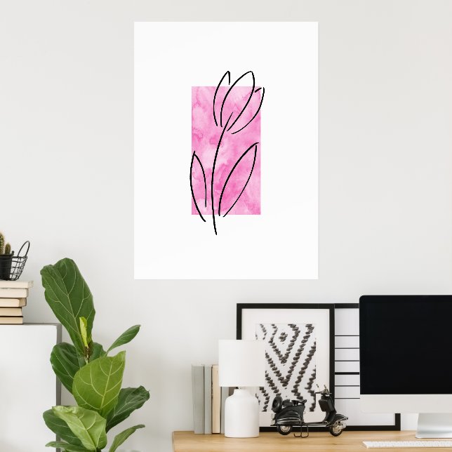 Hand Drawn Linear Tulip, Pink Watercolor Abstract  Poster (Home Office)