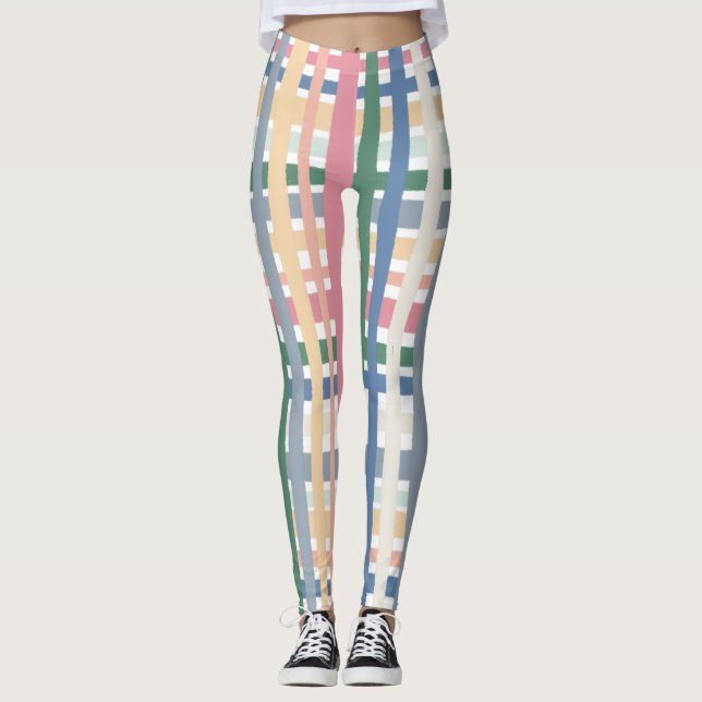 Hand Drawn Lines Colorful Striped Plaid Grid Leggings (Front)