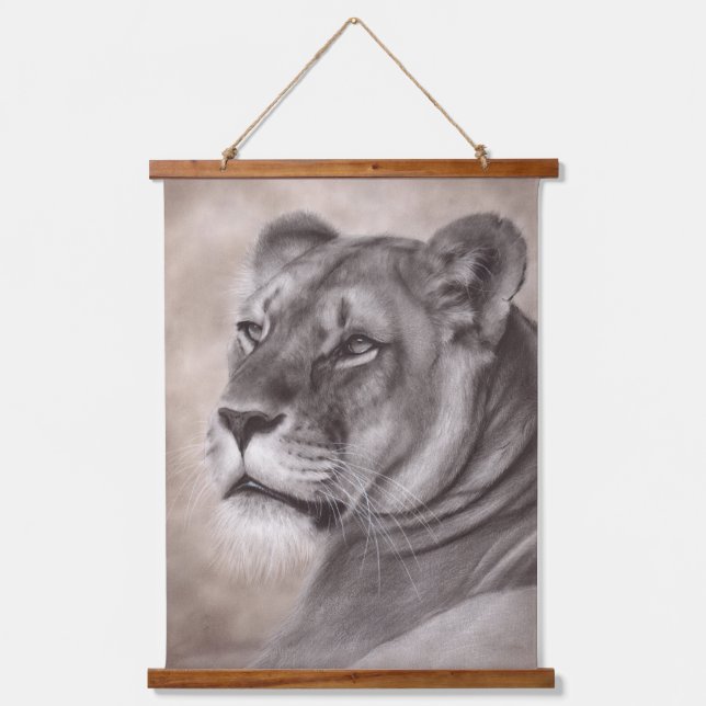 Hand Drawn Lioness Artwork Hanging Tapestry (Front)