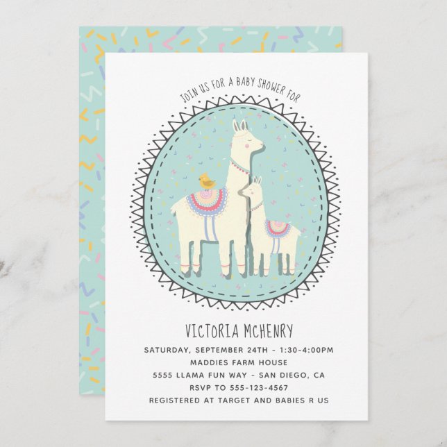 Hand drawn Llama Baby Shower Invitation (Front/Back)