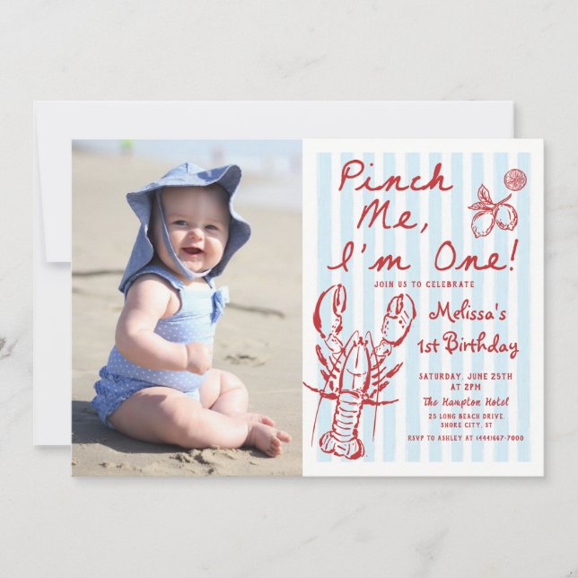 Hand Drawn Lobster 1st Birthday Photo Invitation (Front)
