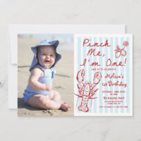 Hand Drawn Lobster 1st Birthday Photo Invitation