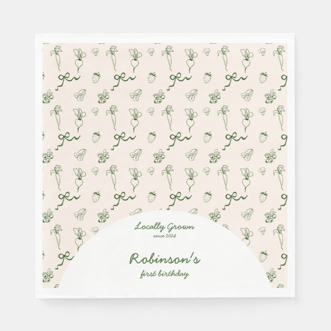 Hand Drawn Locally Grown Farm 1st Birthday Napkins (Front)