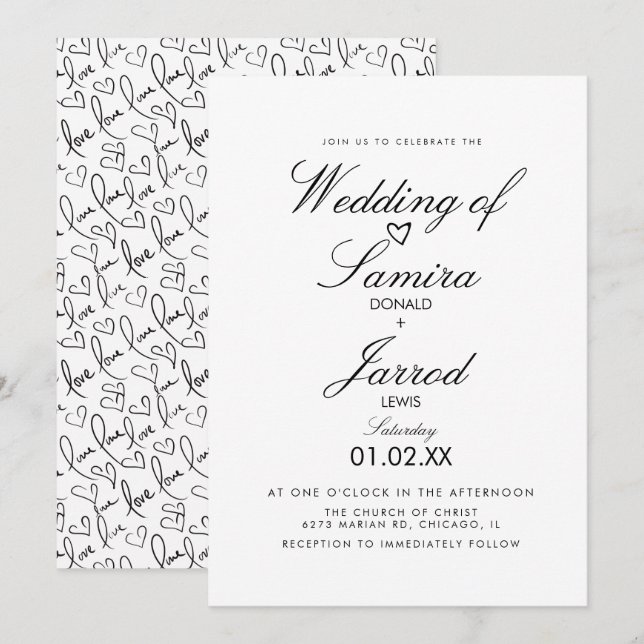 Hand Drawn Love and Hearts Doodle Wedding Invitation (Front/Back)