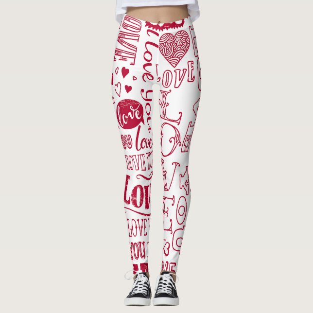 Hand-drawn love doodles, charming pattern. leggings (Front)