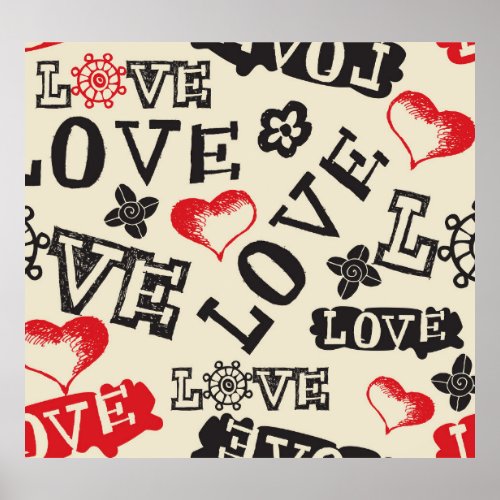 Hand Drawn Love Themed Pattern Poster