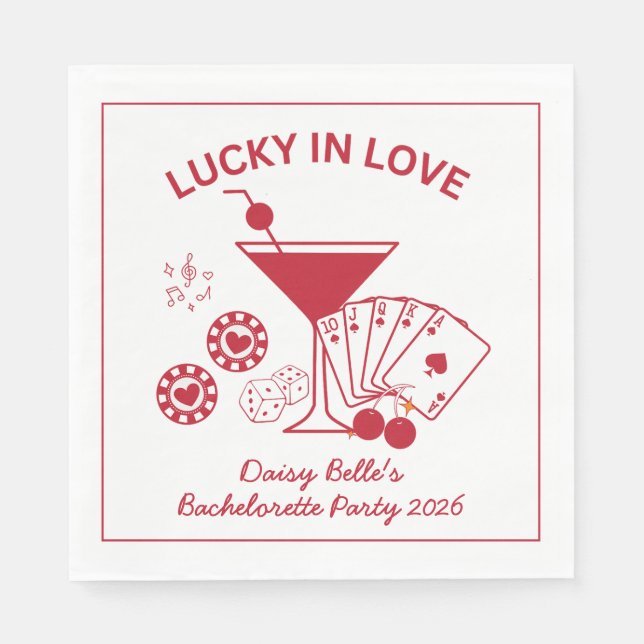 Hand Drawn Lucky In Love Vegas Bachelorette Napkins (Front)