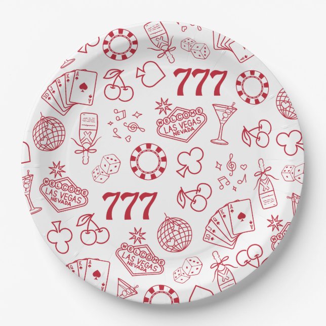 Hand Drawn Lucky In Love Vegas Bachelorette Paper Plates (Front)