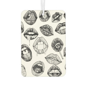 Hand Drawn Luscious Lips in Black and White Car Air Freshener