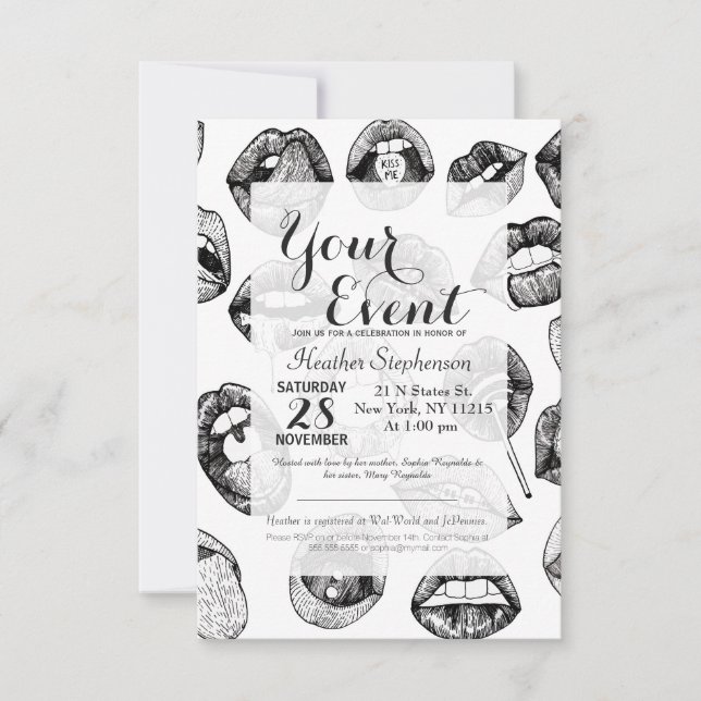 Hand Drawn Luscious Lips in Black and White Invitation (Front)
