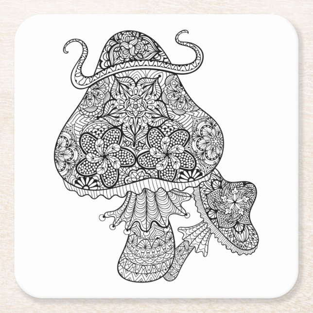 Hand Drawn Magic Mushrooms Doodle Square Paper Coaster (Front)
