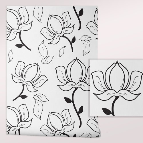 Hand Drawn Magnolias Floral Black White Wallpaper