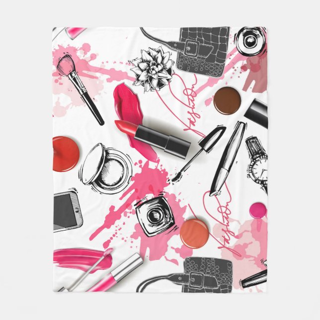 Hand-drawn makeup, vintage graphic pattern. fleece blanket (Front)
