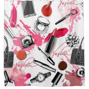 Hand-drawn makeup, vintage graphic pattern. shower curtain