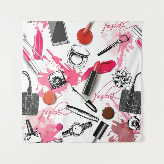 Hand-drawn makeup, vintage graphic pattern. tapestry (Front)