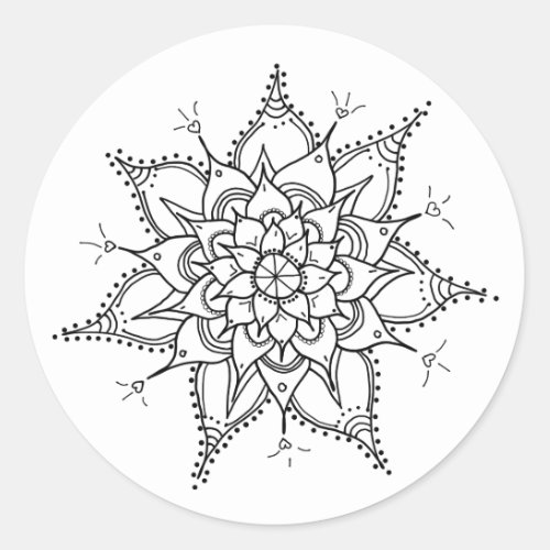 Hand Drawn Mandala Black and White Zen Heart Classic Round Sticker