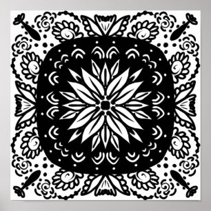 Hand Drawn Mandala Doodle Art Black White Poster