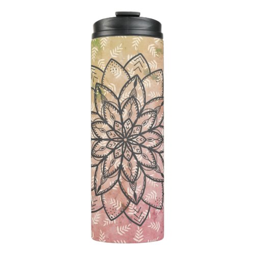 Hand Drawn Mandala Flower on Leaves Thermal Tumbler