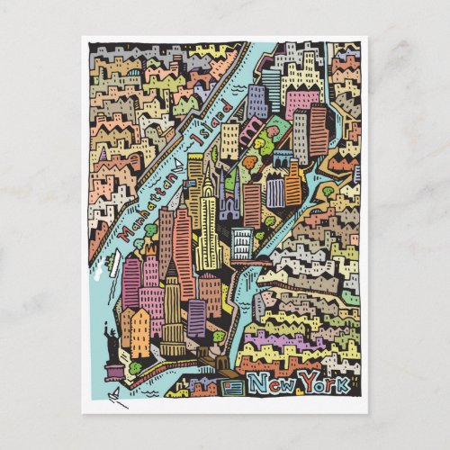 Hand Drawn Map of New York City Postcard