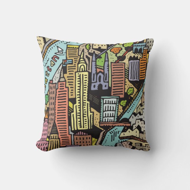 Hand Drawn Map of New York City Throw Pillow (Front)