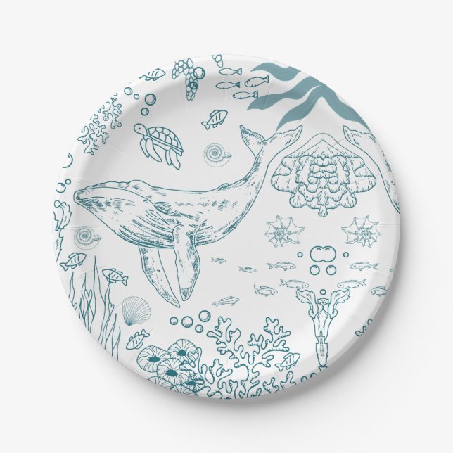 Hand-drawn Marine Life Paper Plates (Front)