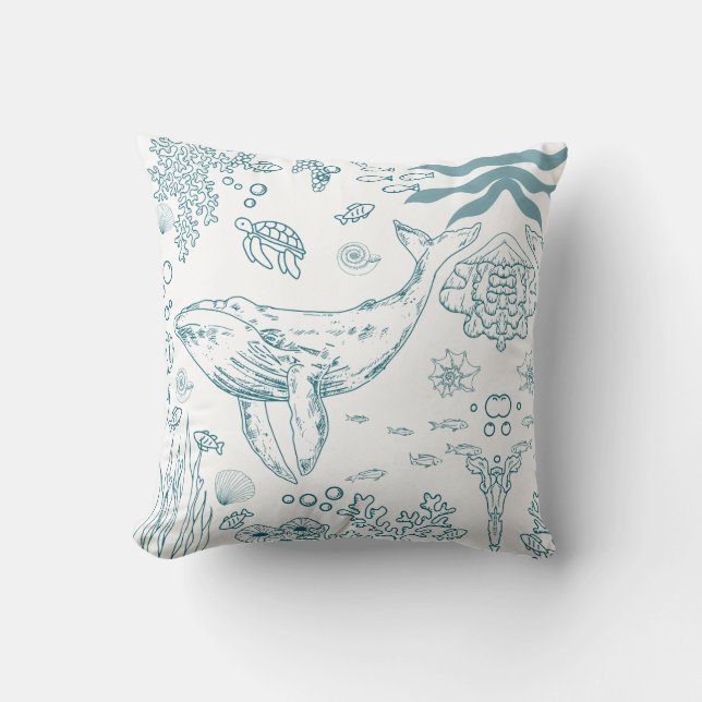 Hand-drawn Marine Life Throw Pillow (Front)
