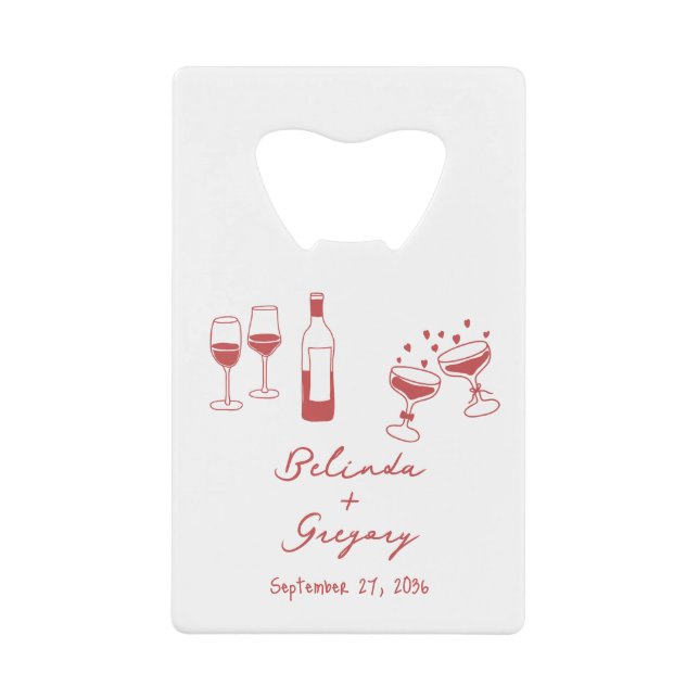 Hand Drawn Maroon Illustrations Doodles Wedding Credit Card Bottle Opener (Front)