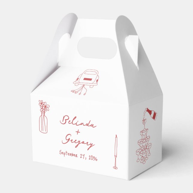 Hand Drawn Maroon Illustrations Doodles Wedding Favor Boxes (Front Side)
