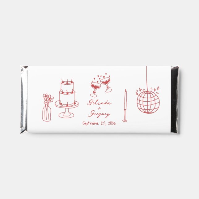 Hand Drawn Maroon Illustrations Doodles Wedding Hershey Bar Favors (Front)
