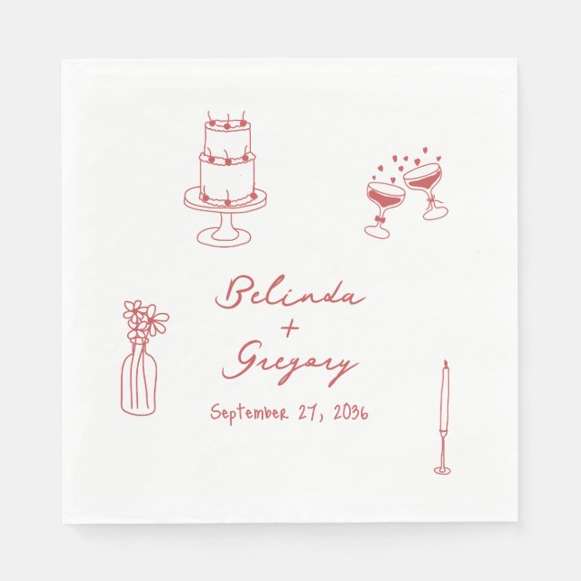 Hand Drawn Maroon Illustrations Doodles Wedding Napkins (Front)