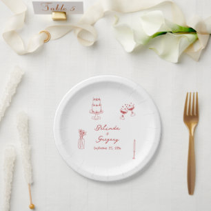 Hand Drawn Maroon Illustrations Doodles Wedding Paper Plates