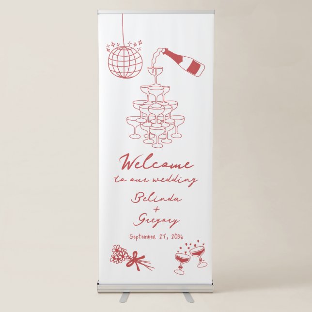 Hand Drawn Maroon Illustrations Doodles Wedding Retractable Banner (Front)