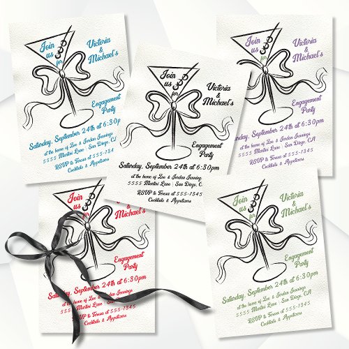 Hand Drawn Martini Bow Funky Engagement Party Invitation