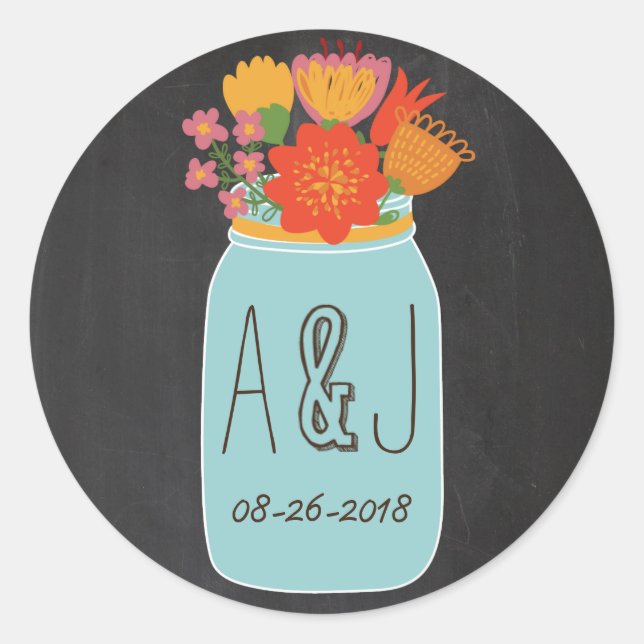 Hand Drawn Mason Jar & Flowers Chalkboard Monogram Classic Round Sticker (Front)